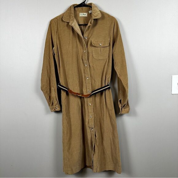 L.L. Bean Dresses & Skirts - L.L. Bean Corduroy Shirt Dress Belted Button Down Long Sleeve Tan 12